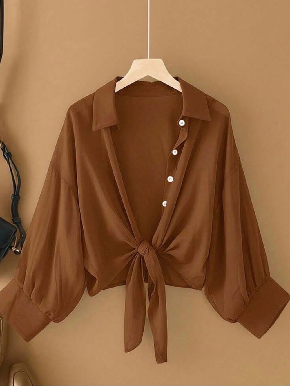 SHEIN Brown Tie-Front Balloon Sleeve Blouse